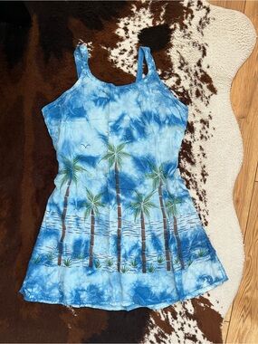 VTG Raya Sun Blue Tie-Dye Embroidered Palm Tree Dress | Boho Beach | Size: XL**